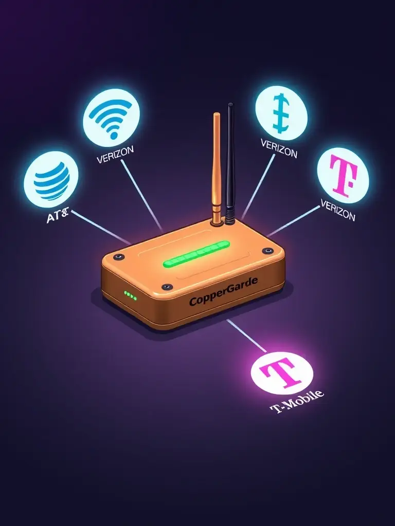 An illustration depicting the CopperGarde device seamlessly connecting to multiple cellular networks (AT&T, Verizon, T-Mobile), ensuring reliable connectivity in various locations.