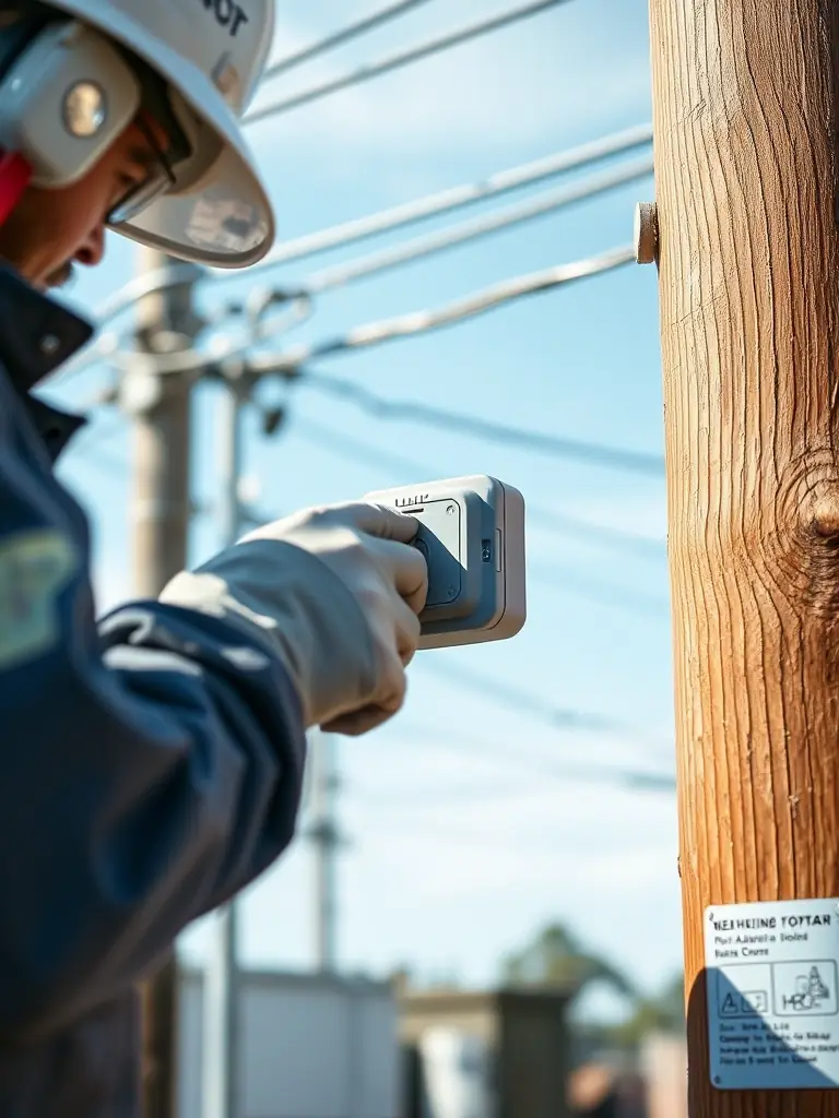 An image of the CopperGarde device being easily attached to a utility pole using its adhesive backing, demonstrating the quick and simple installation process.